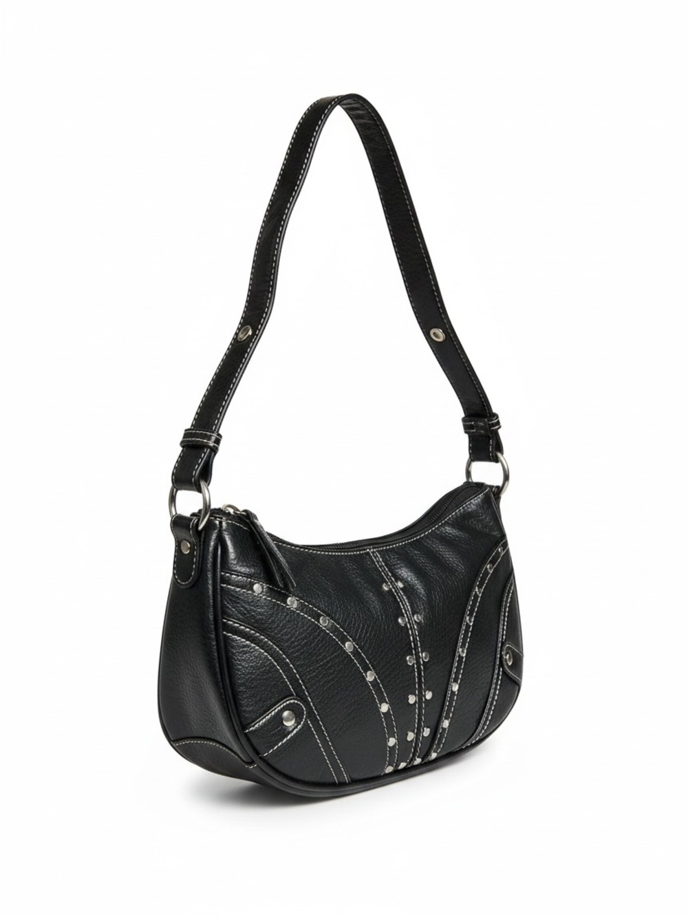 This is a black faux-leather shoulder bag styled with a distinct Y2K or western-